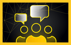 icon of a three people with chat bubbles above in yellow and black